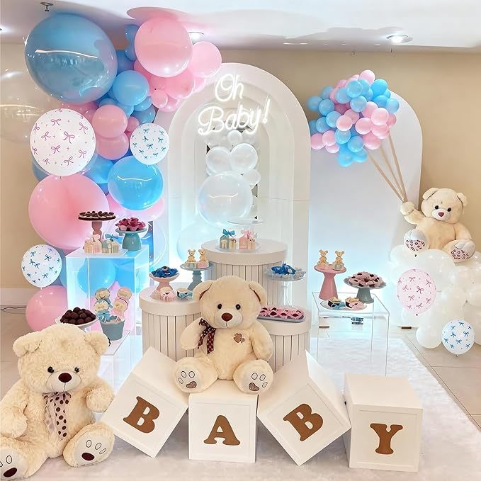 Pink and Blue Balloons, 60PCS 12 Inch Pastel Baby Pink and Blue Gender Reveal Balloons Bow Print Balloon for Boy or Girl Gender Reveal Decorations Bear Bow Baby Shower Party Decoration