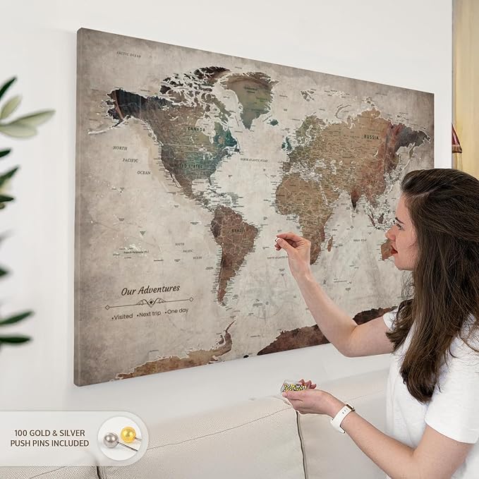 ElephantStock - Our Adventures World Map With Push Pin Iii Wall Art - Horizontal Canvas Wall Art - Living Room Wall Decor - Printmaking Map Canvas Art - Beige And Brown Decor - 48" x 32"