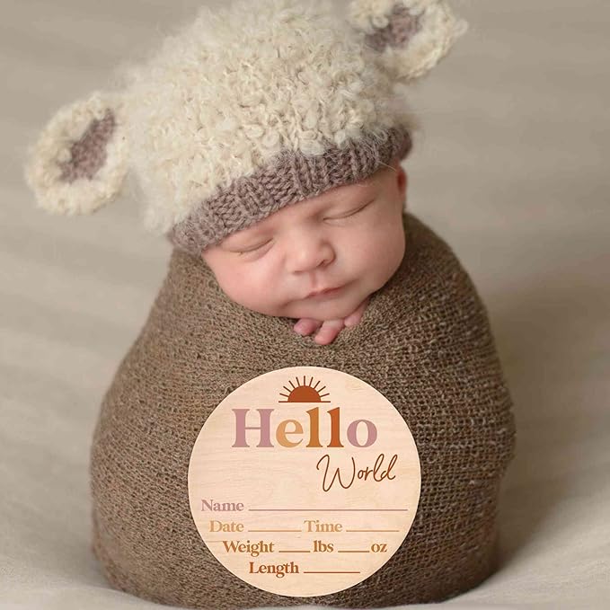 Hello World Newborn Sign - Baby Name Birth Announcement Plaque for Hospital - Photo Prop - Nursery Decor - Shower Gift