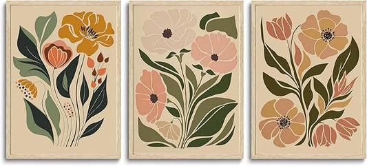 CHMMART Boho Floral Framed Wall Art Flower Canvas Art Prints Set of 3 Mid Century Modern Pictures Wall Decor Botanical Painting Artwork for Living Room Bedroom Office 12x16in