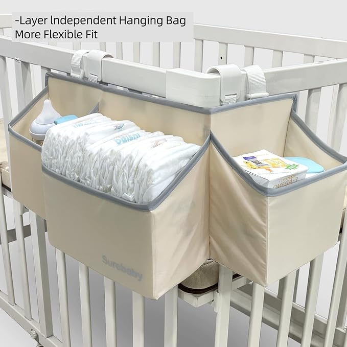 Hanging Baby Diaper Caddy, 3-in-1 Diaper Caddy Organizer Holder For Baby Crib, Nursery Organization Diaper Stacker Storage For Crib, Changing Table, Car, Wall-Beige