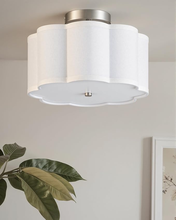 VONLUCE Semi-Flush Mount Ceiling Light, 12.6" Modern 3-Light Ceiling Light Fixture with White Petal-Shaped Shade 3 E26 Sockets for Bedroom Entryway Living Room, Nickel Finish, ETL Certificated