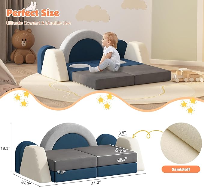 12 PCS Modular Kids Play Block Couch Child Sectional Soft Sofa Toddler Building Fortplay Climbing Bedroom Playroom Baby Convertible Floor Foam Cushion for Boys & Girls (Grey+Beige+Blue)