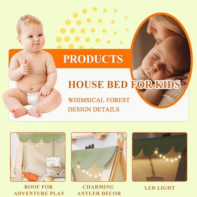 Twin House Bed for Kids with Light and Tent, Montessori Floor Bed Twin for Kids Girls Boys Teens Bedroom, White