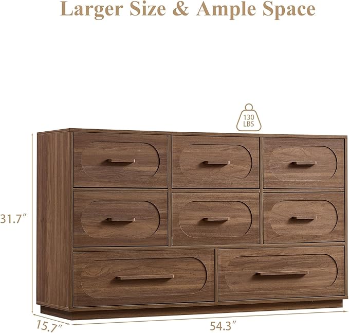 Walnut 8 Drawer Dresser for Bedroom, 54" Wide Dressers & Chests of Drawers w/Solid Wood Handle, Mid Century Dresser TV Stand w/Natural Texture for Bedroom, Living Room