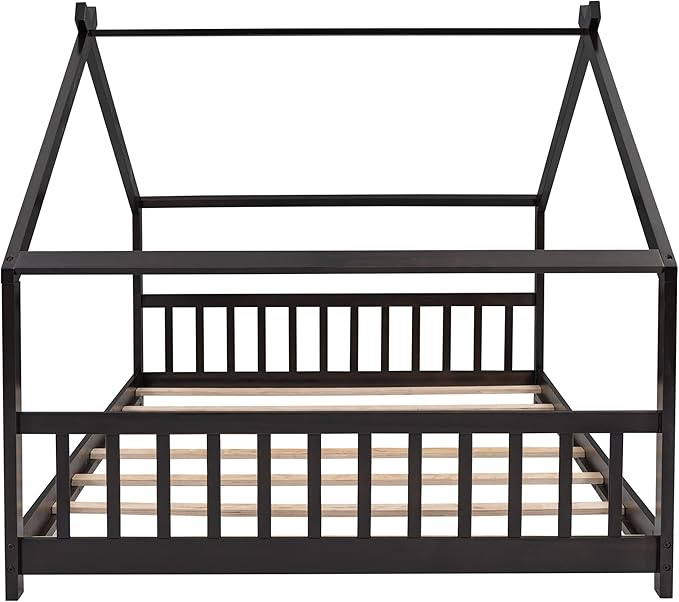 Ball & Cast Full Size Floor Bed,Low to Ground Design Montessori Bed with Roof,Toddler House Bed Frame W/Slats,No Box Spring Needed,for Girls Boys,Espresso