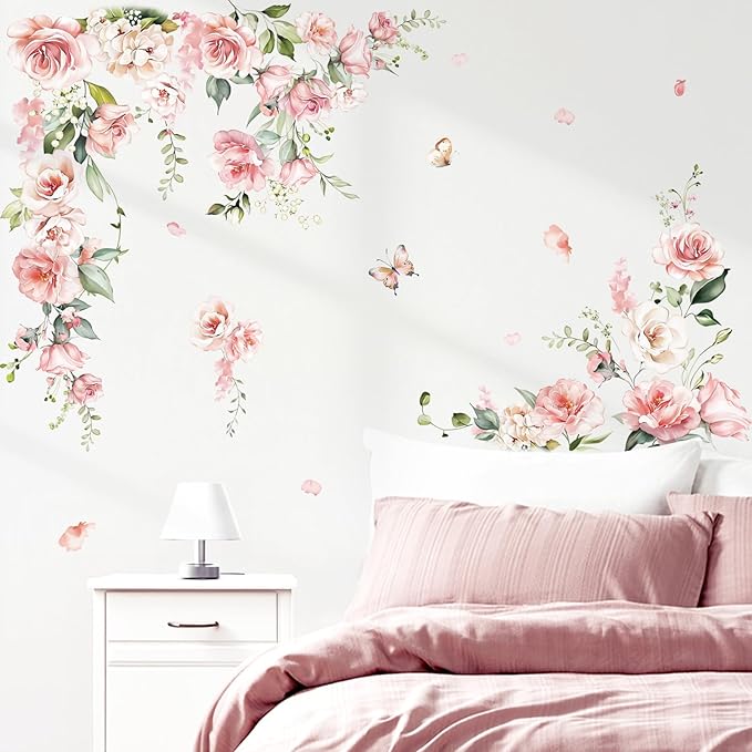 decalmile Large Pink Flower Wall Decals Hanging Vine Floral Wall Stickers Baby Nursery Girls Bedroom Living Room Wall Decor