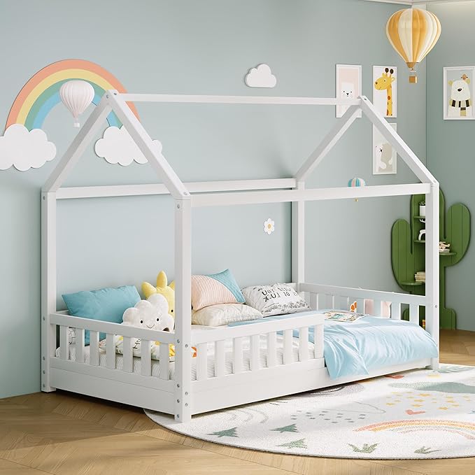 Jocisland Twin Size House Bed for Kids, Montessori Wooden Floor Bed Frame with Guardrails, Removable Rails, Playhouse Roof, Easy Assembly, Toddler Floor Bed for Boys & Girls, White