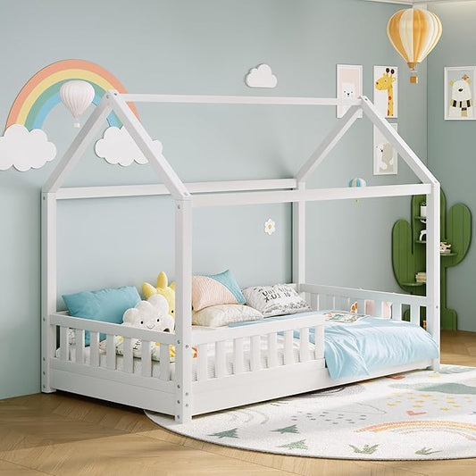 Jocisland Twin Size House Bed for Kids, Montessori Wooden Floor Bed Frame with Guardrails, Removable Rails, Playhouse Roof, Easy Assembly, Toddler Floor Bed for Boys & Girls, White