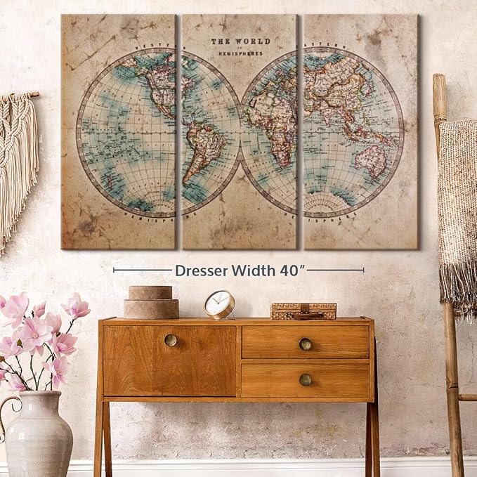 ElephantStock Hemisphere Map Wall Art Multi Piece Canvas - 3 Piece Canvas World Map Wall Decor - Wall Decor Print - Vintage Wall Art - 57" X 36"