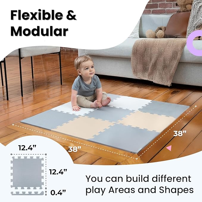 MioTetto Baby Play Mat, Comfortable Tummy Time Mat – Portable Foam Floor Tiles, Safe baby mat for floor for Crawling & Development, Soft play mat for babies 0-6 months, Stylish interlocking foam tiles