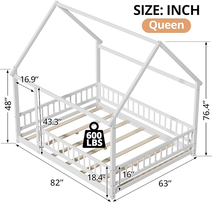 LLS Queen Size Montessori Floor Bed Frame with Slats and Fence, Wooden House Bed for Boys Girls Bedroom, White