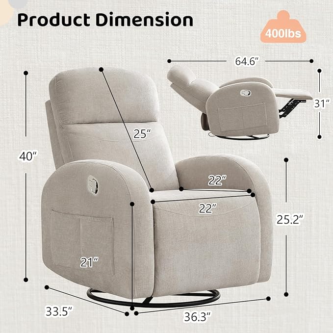 Nursery Swivel Rocker Recliner, Manual Nursering Glider Recliner, Chenille Swivel Rocking Nursery Recliners with Double Pockets for Living Room, Camel