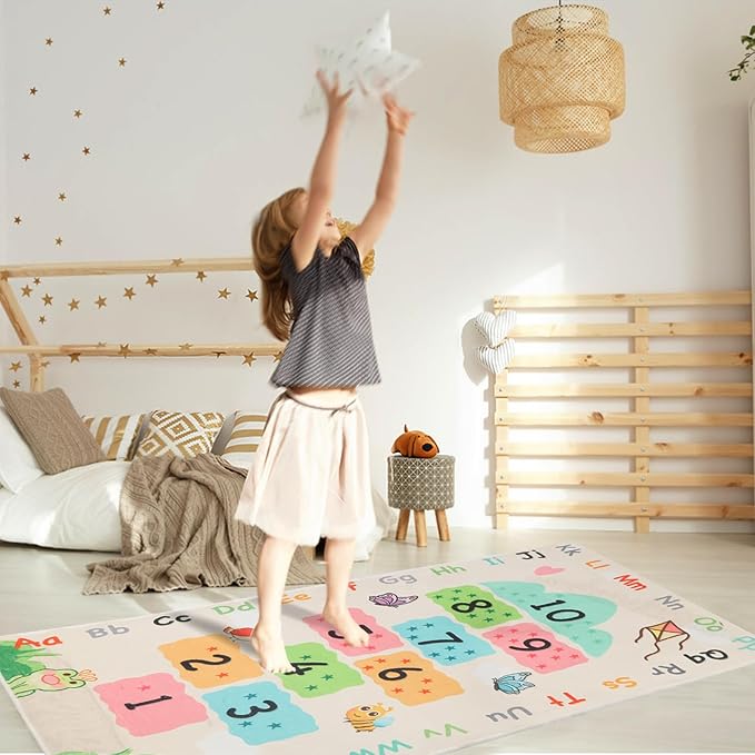 Soft Educational Kids Learning Rug Washable for Boys Girls Bedroom Play Room, Cute Numbers ABC Alphabets Hopscotch Rug for Classroom, Toddler Baby Nursery Carpet Playmat, Neutral 63"x31.5"