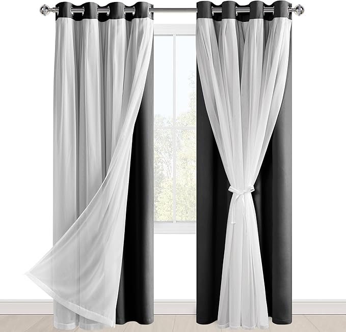 Hiasan Black Blackout Curtains with Sheer 84 Inches Long, Thermal Insulated Mix & Match Double Layer Room Darkening Curtains for Bedroom, Living Room, 2 Window Drape Panels with Tiebacks, 52W X 84L