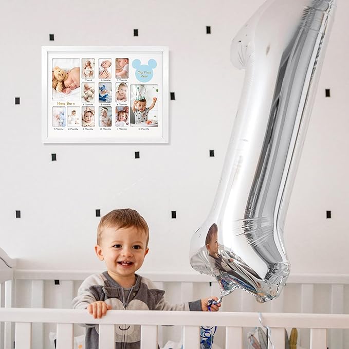 My First Year Photo Frame 12x16, Baby's First Twelve Months 4x6 and 2x3 Wallet Pictures Milestone Board Keepsake, as New Mom Baby Newborn Gift, White Pack of 2