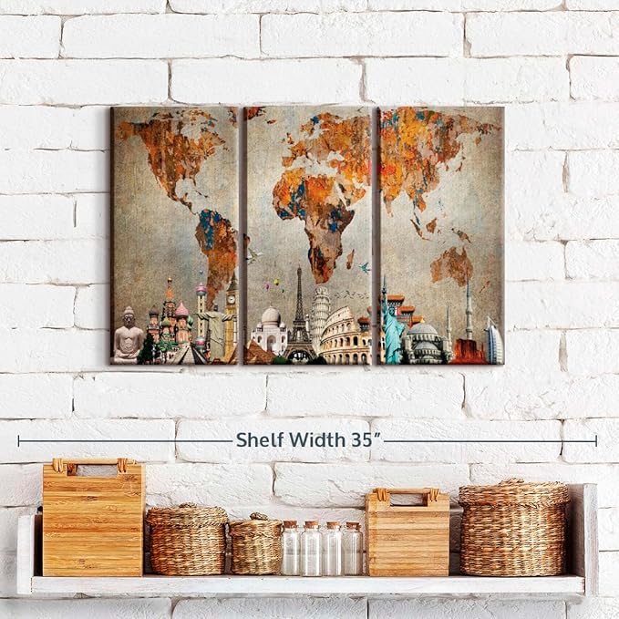 ElephantStock Rusty World Map Multi Piece Canvas - 3 Piece Canvas World Map Wall Decor - Wall Decor - Ready-to-Hang Print - Vintage Wall Art - 23" X 14"