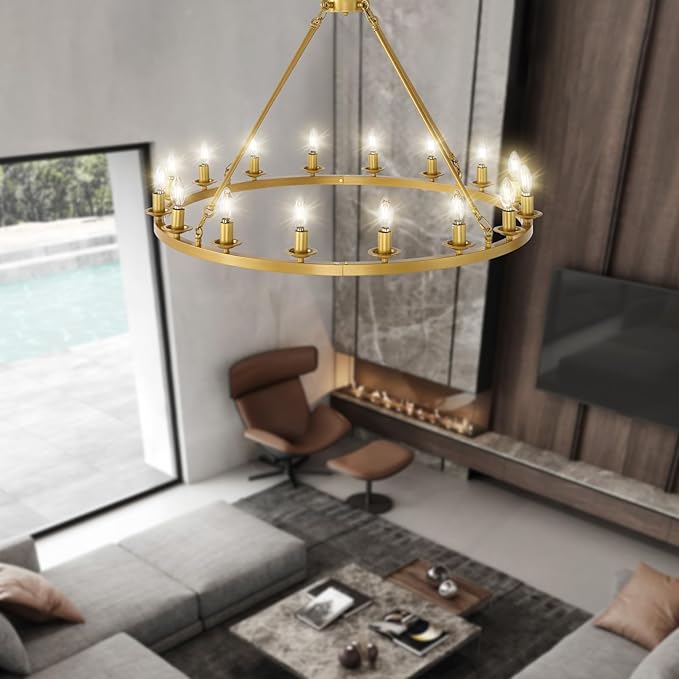 Wagon Wheel Chandelier, 16-Light Gold Round Modern Farmhouse Chandelier with Adjustable Height Hanging Island Light Fixture for High Ceiling Dining Room, Kitchen, Living Room, Entryways, Foyer
