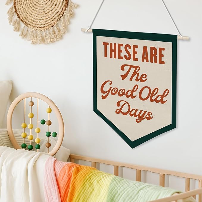 Welcome Banner Wall Art,These Are The Good Old Days Banner Hanging Wall Canvas Poster,Nostalgic Inspirational Quote Hanging Pennant Flag Prints,Positive Home Bedroom Wall Decor(Red)