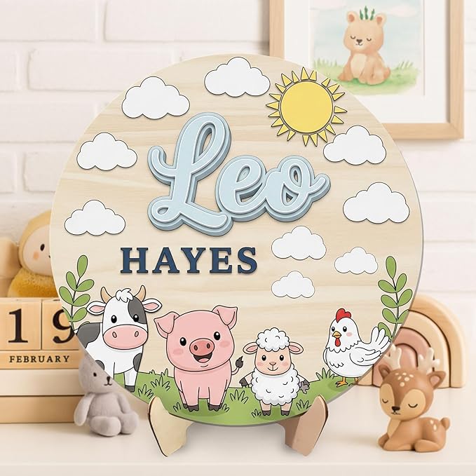 Farm Animal Wooden Name Sign for Wall – Personalized Wooden Door Plaque with Cow, Pig, Sheep, and Chicken, Custom Nursery Name Wall Decor for Boys or Girls Bedroom