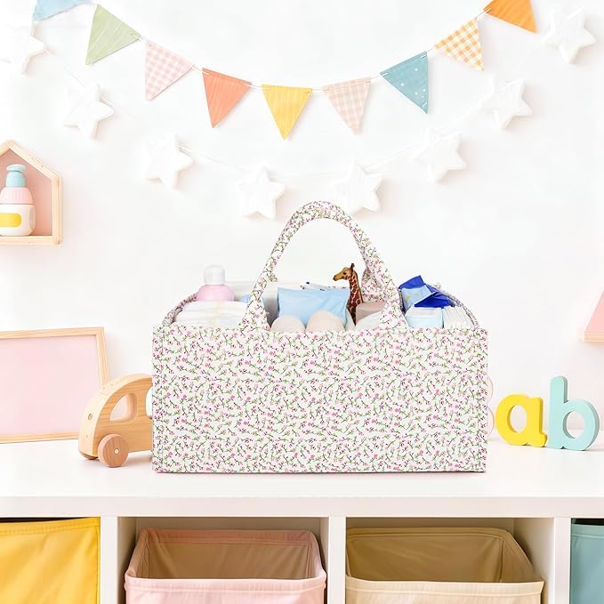 Floral Quilting Diaper Caddy Organizer, Quilted Diaper Bag, Stylish Nursery Storage Basket, Gift for Baby Shower, Diaper Caddy Organizer for Changing Table, Newborn Essentials, Pink Floral