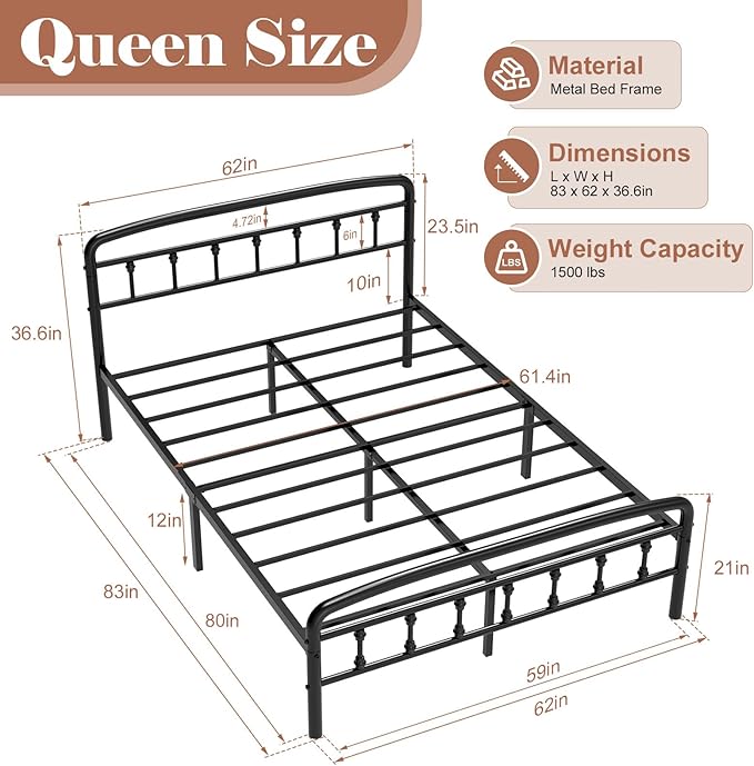 Queen Bed Frames with Headboard, Heavy Duty Bed Frames with Headboard Noise-Free Design & 12" Underbed Storage,No Box Spring Needed/Tool-Free 30 Mins Assembly