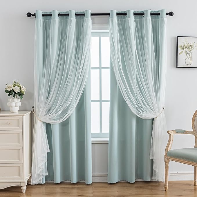 Anytime Home Curtains Blackout and Sheer Layered Solid Window Curtain Panel Pair with Grommet Top, 52Wx95L,Light Blue