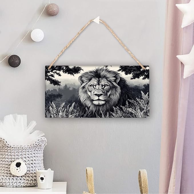 Monochrome Lion in forests wood door sign wall decor home decor signs 12x6 Inch,Rustic Wood Wall Art for Bedroom,Entryway,Kitchen,Nursery,Perfect Farmhouse Wall Decor for Animal & Art Lover