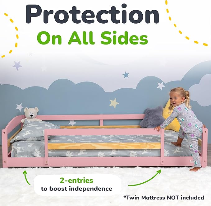 Ocodile Twin Floor Bed with Safety Guardrails for Kids, Montessori Inspired with Rails and 2 Openings, Twin Size Bed Frame for Girls and Boys - Pink