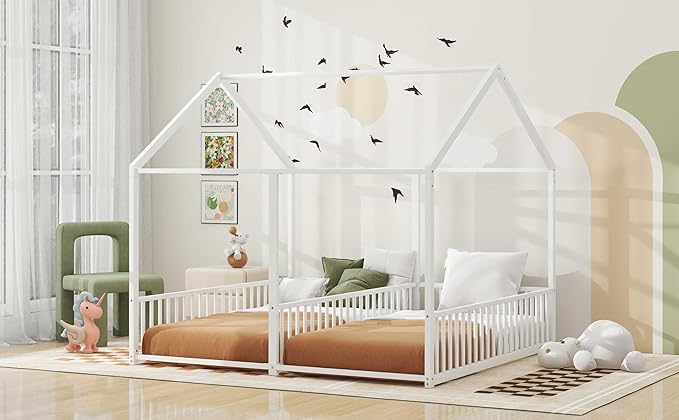 Harper & Bright Designs Metal Twin Size House Platform Bed Frame for Boys Girls Kids Adults Toddler, Two Shared Beds, White