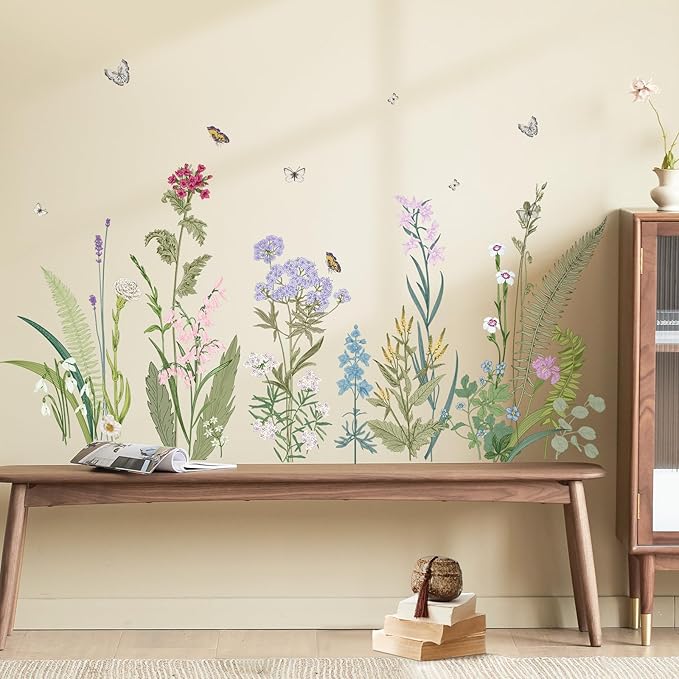 SHUCHING Colorful Wildflower Wall Decals Peel and Stick, Vinyl Olive Green Grass Wall Sticker, Wall Decor Art Home Decor for Living Room Girl Bedroom