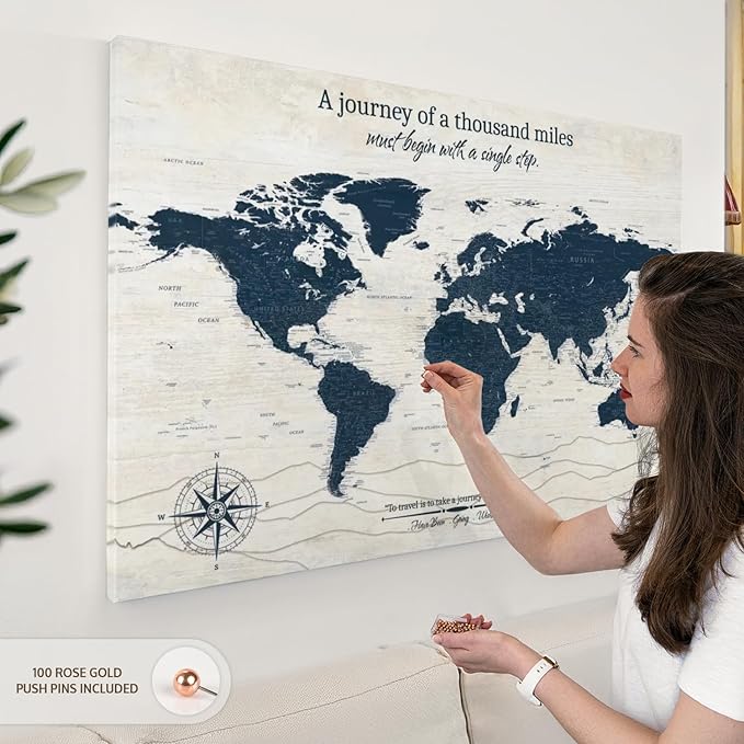 ElephantStock - A Journey I Push Pin World Map Wall Art - Horizontal Canvas Wall Art - Living Room Wall Decor - Digital Art Map Canvas Art - Blue And Beige Decor - 45" x 30"