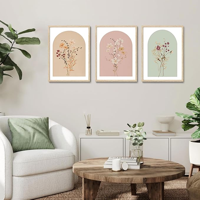 CHMMART 3 Piece Boho Wildflower Framed Wall Art Floral Botanical Canvas Art Prints Flower Pictures Wall Decor Minimalist Painting Artwork for Living Room Bedroom Bathroom 16x20in