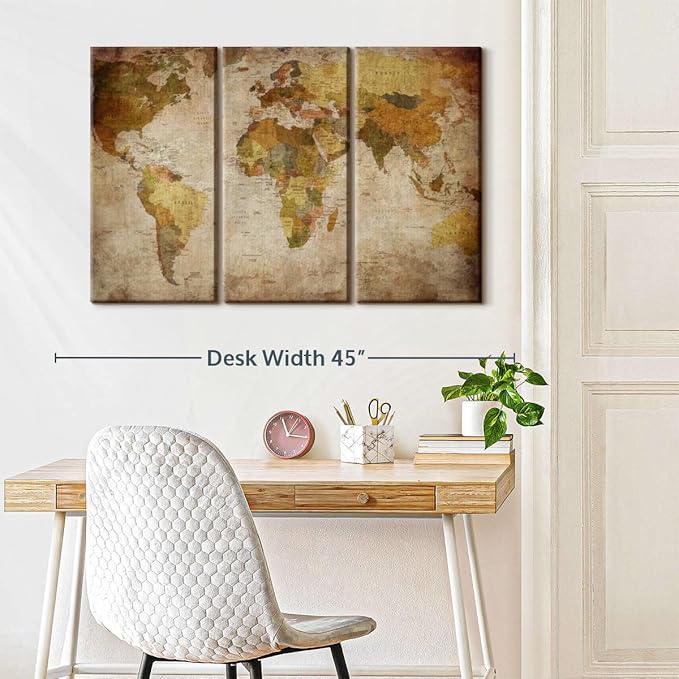 ElephantStock World Map Multi Piece Canvas - 3 Piece Canvas World Map Wall Decor - Wall Decor Ready-to-Hang Print - Vintage Wall Art - 38" X 24"