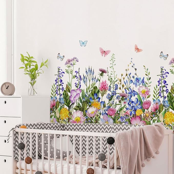 4 Pieces Flowers Wall Decals Vinyl Flowers Wall Stickers Removable Floral Murals Peel and Stick Colorful Flower Decor for Girls Bedroom Living Room Nursery (Butterfly)