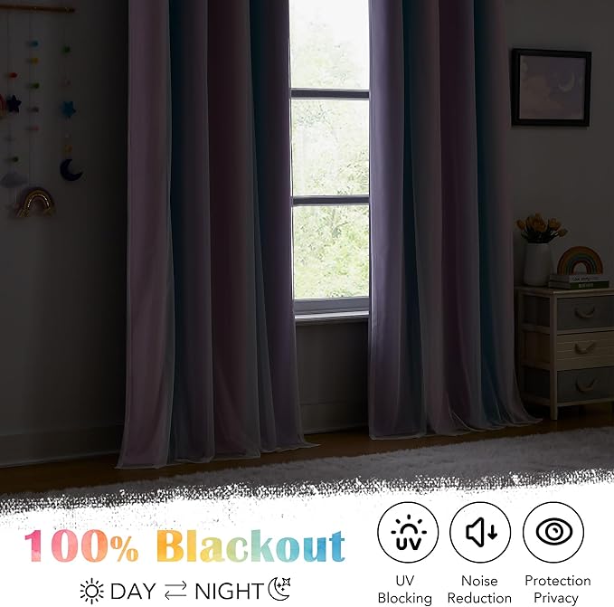 100% Blackout Curtains with Sheer Overlay Mix and Match Double Layer Drapes 63 Inch Length 2 Panels for Bedroom Room Ombre Rainbow Grommet Window Treatment with Tiebacks