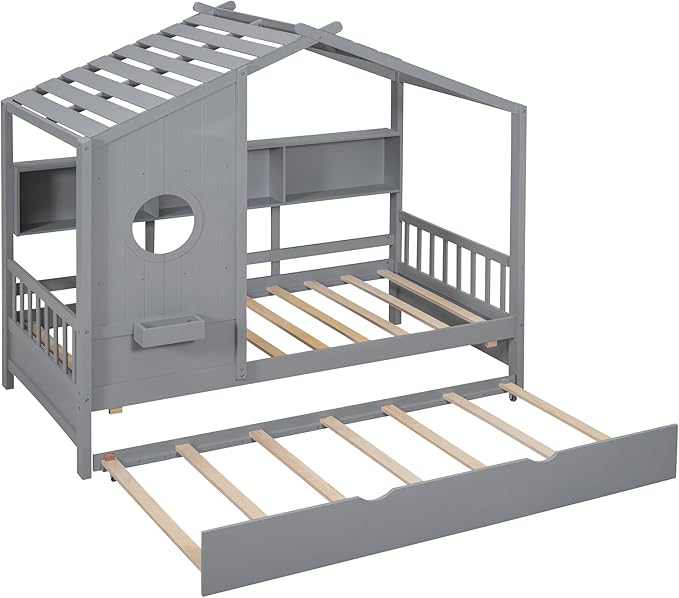 Twin Size Wooden House Bed with Trundle, Modern Design Kids Bed Frame with Storage Shelf for Kids Teens Adults, Wood Slat Support, No Box Spring Needed, Easy Assembly (Grey)