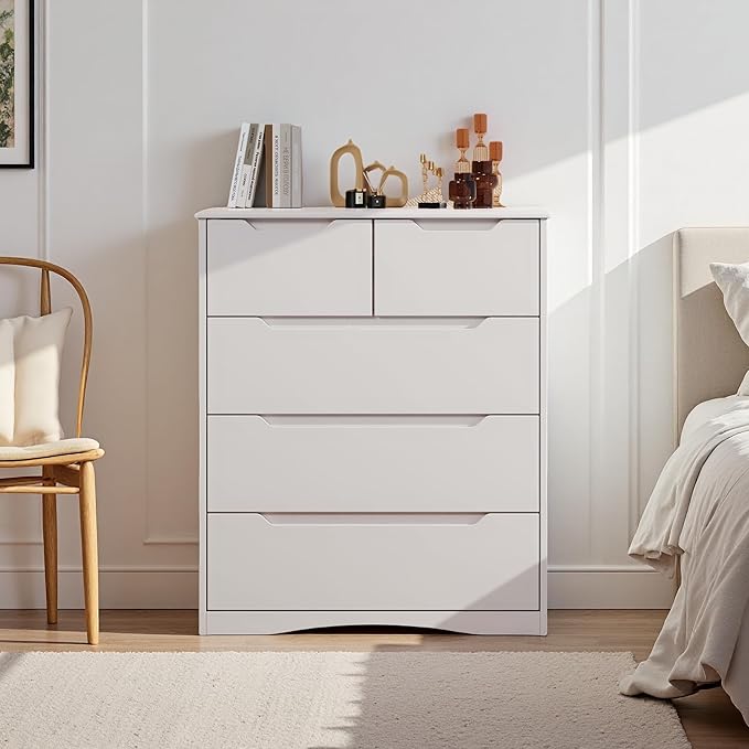 Gizoon 5 Drawers Chest, White Dresser for Bedroom with Large Storage Capacity, Chest of Drawers with Embedded Handle, Deep-Drawer Dresser for Closet with Anti-Tip Kit，for Hallway, Office, Living Room