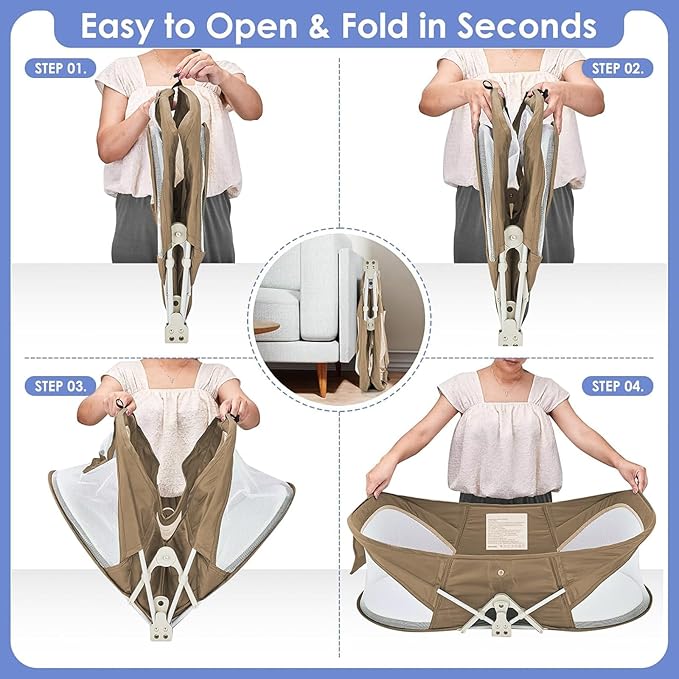 Portable Baby Bassinet for Baby Travel, Baby Cribs Travel Pod for Outdoors Baby Lounger Infant Travel Bed with Mosquito Net and Sunshade Canopy, Lightweight Washable (Brown)