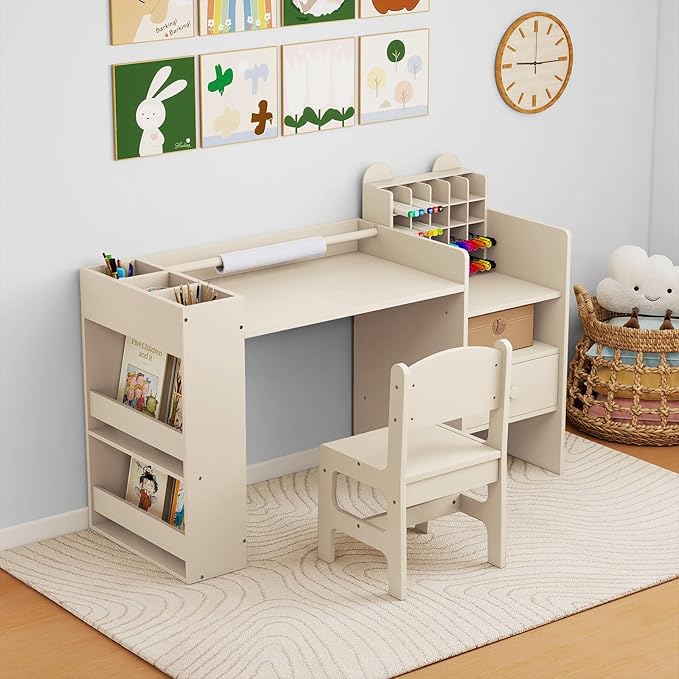 Costzon Kids Desk and Chair Set, Art Activity Desk Set with Detachable Paper Roll Holder, Cubby Cabinet, and Multiple Storage Space, 2-in-1 Toddler Table and Chair for Painting, Studying (Beige)