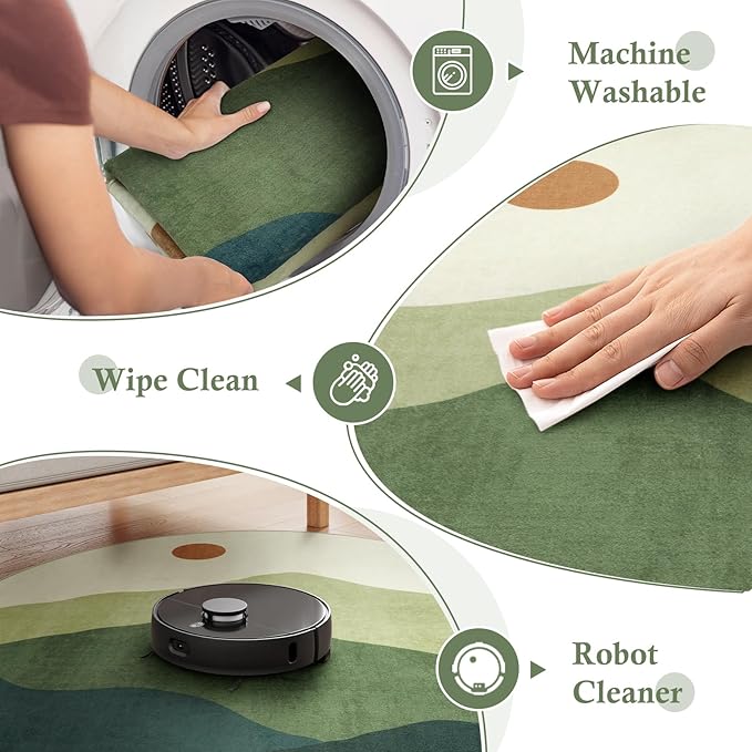 6ft Round Rugs for Living Room,Soft Washable Non-Slip Large Circle Rug,Chic Mountain Low-Pile Circular Bedroom Rug Indoor Round Carpets for Kidsroom/Nursery/Office(Green)