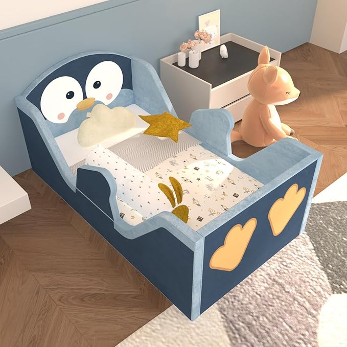 Toddler Beds, Child Bed for Kids with Extra Safty Broad, Standard Crib Size Animal Toddler Bed, Certified Fabric Toddler Beds,Toddler Floor Beds (Penuins)