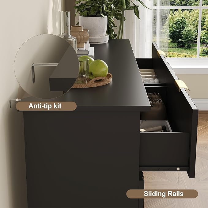 Fluted Dresser with 6 Drawers for Bedroom, 53.14" Wide Dresser with Metal Handle, Wooden Chest of Drawers for Bedroom, Living Room, Entryway, Black
