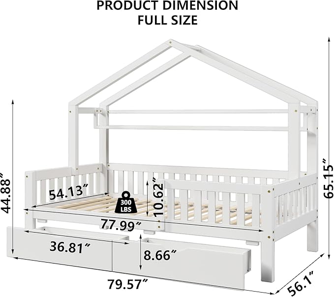 Aoowow Full Size House Bed with Storage Drawers and Shelf, Kids Twin Bed Frame Wooden Platform Bed with Guardrails and Slats for Boys Girls Teens for Bedroom(White)