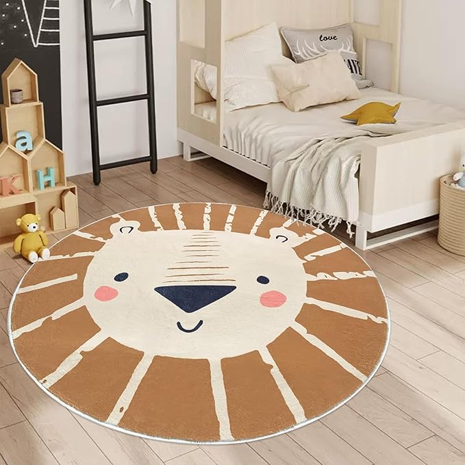 ABREEZE Large Round Kids Play Mat 5.3ft,Lion Nursery Rug Fluffy Faux Wool Kids Rug Soft Plush Non-Slip Childrens Carpet for Bedroom Living Room Playroom,Brown