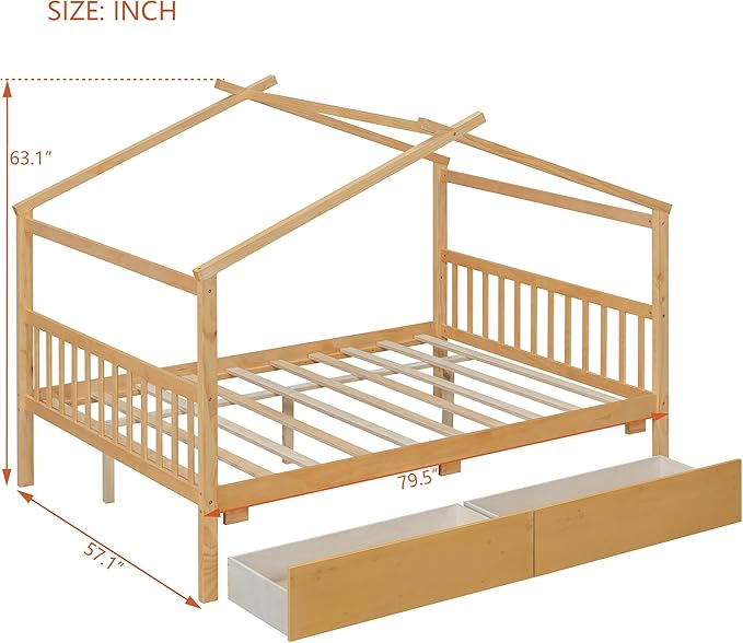 Merax Full Size Wooden House Bed with Two Drawers, Wood Bed Frame with Roof for Kids, Teens, Boys or Girls, Natural