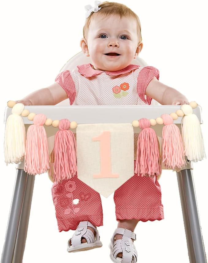 Boho Pink Handmade 1st Birthday High Chair Banner First Highchair Banner For Baby Girls Wild One Wall Hangings Wood Bead Tassel Garland 1 Birthday Party Decorations Photoshoot Props Photo Props