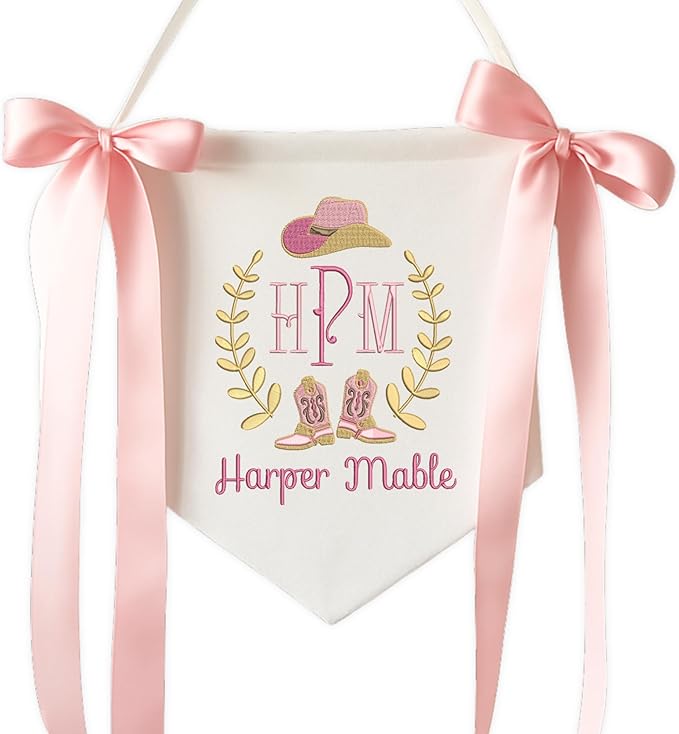 Embroidered Baby Name Sign Personalized Baby Announcement Sign Newborn Baby Banner with Bows Baby Hospital Name Sign Canvas Hanging Pennant Flag Custom Infant Baby Name Baby Shower Banner (11)