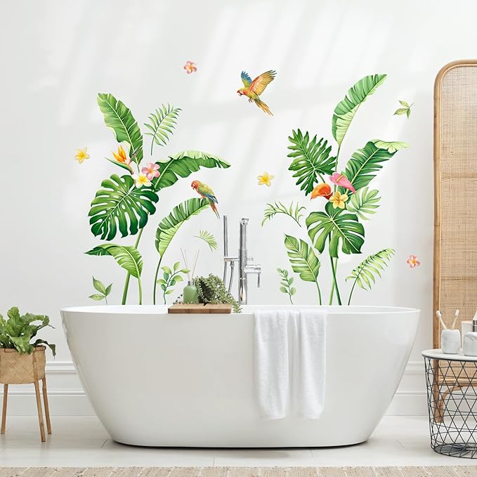 Tropical Plant Leaf Wall Decals, Palm Leaves Boho Spring Summer Green Tree Flower Birds Nature Monstera Wall Stickers Art Decor for Living Room Office Nursery Classroom Gifts for Mom
