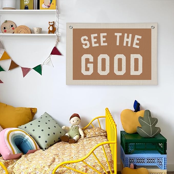 See The Good Wall Decor, Inspirational Wall Decor, Boho Accent Vintage See The Good Sign Linen Banner Wall Hanging Banner Flag, Accent Wall Decor